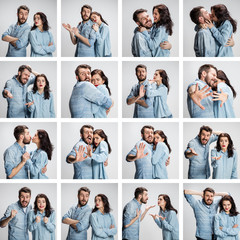 The collage from images of couple on gray background