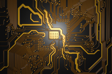 top view of the printed circuit board with yellow tracks 