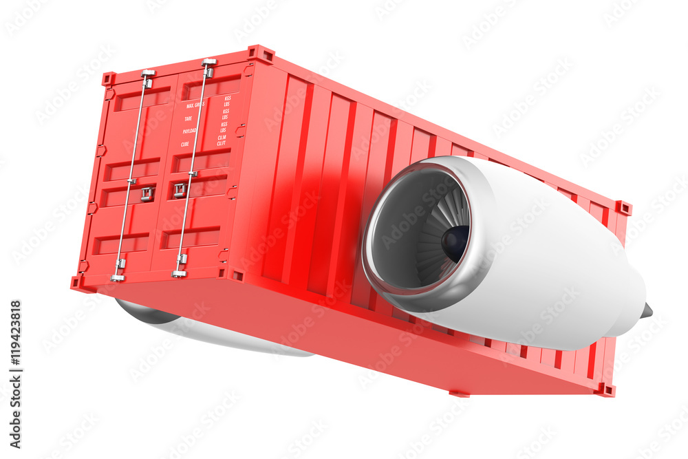 Poster Aircraft Jet Engine with Shipping Container. 3d Rendering