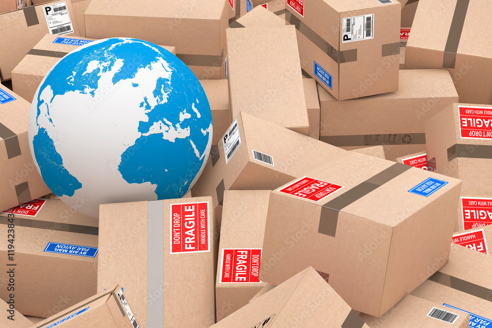 Poster heap of cardboard parcel packages with earth globe. 3d rendering