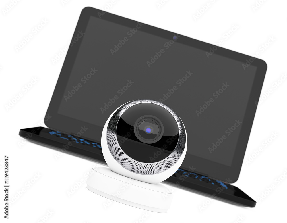 Leinwandbilder white spherical web camera in front of laptop. 3d rendering