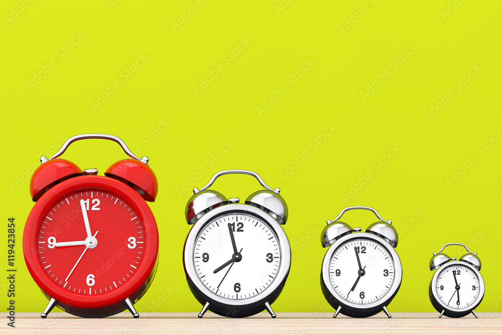 Aufkleber Vintage Alarm Clocks with Single Red One.  3d Rendering