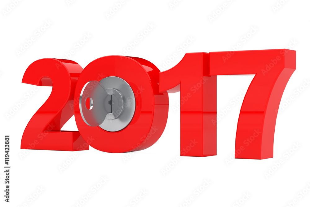 Aufkleber new 2017 year sign with key. 3d rendering