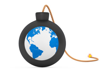 Earth Globe in Black Bomb with Wick. 3d Rendering