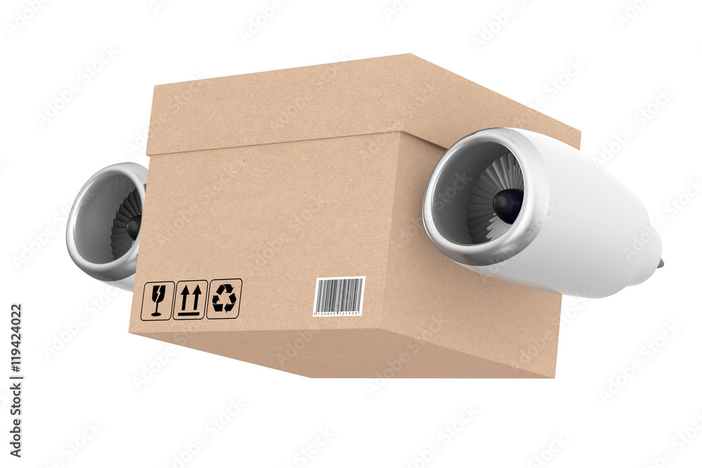 Poster aircraft jet engine with express delivery box. 3d rendering