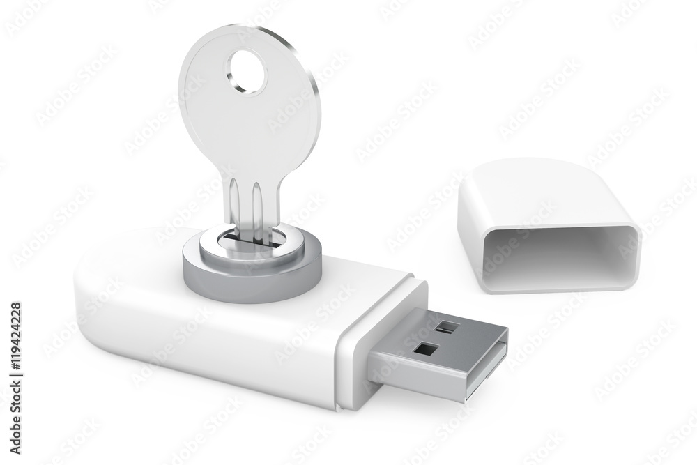 Poster data security concept. usb flash memory drives with key. 3d rend