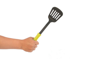 hand hold kitchen utensils on white ,selective focus