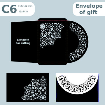 C6 openwork paper converter for romantic messages,template  for cutting, lace pattern, envelope greetings, laser cutting template,  presents packing, vector illustrations.