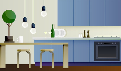 Interior of blue kitchen with table and lamps
