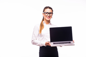 Young business woman showing blank laptop screen ready for your text and promotion, isolated on white background.