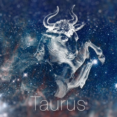 Astrological zodiac sign - Taurus. Vintage astrological drawing. Galaxy sky on the background. Can be used for horoscopes. Elements of this image furnished by NASA. - 119425815