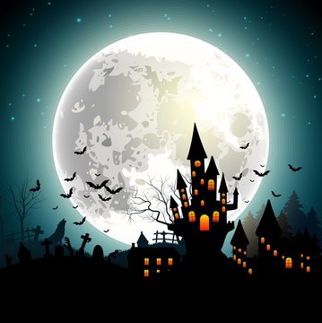 Halloween background with haunted castle, bats on full moon 
