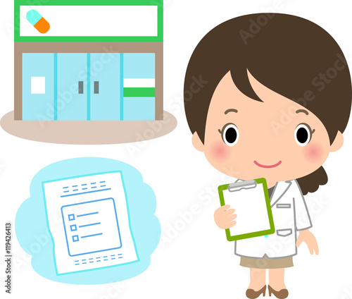 薬剤師の女性と薬局 処方薬のイラストセット Apothecary Wall Mural Apotheca Logistock