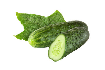 whole and sliced cucumber with leaf isolated on white background