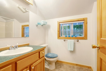 Fototapeta na wymiar Elegant white bedroom interior with vanity cabinet and toilet