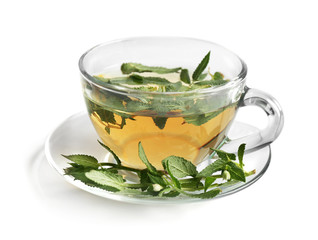 Cup of sage tea isolated on white