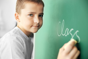 Cute schoolboy writing on chalkboard