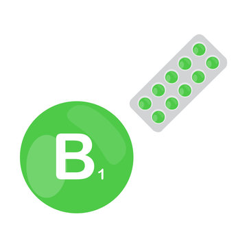 Vitamin B1 B 1 with blister of pills tablets capsules. Green circle. Isolated icon. Vector illustration