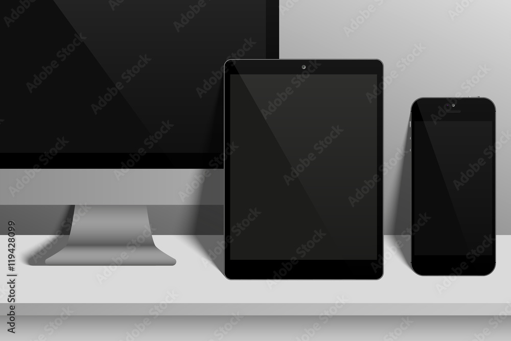 Poster set of realistic computer monitors, tablets and mobile phones. electronic gadgets on light backgroun