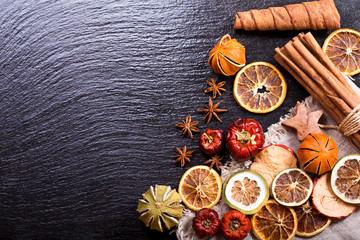 christmas decoration:  dried fruit, cinnamon sticks and anise st