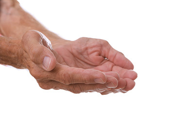 Old man open palms on a white background