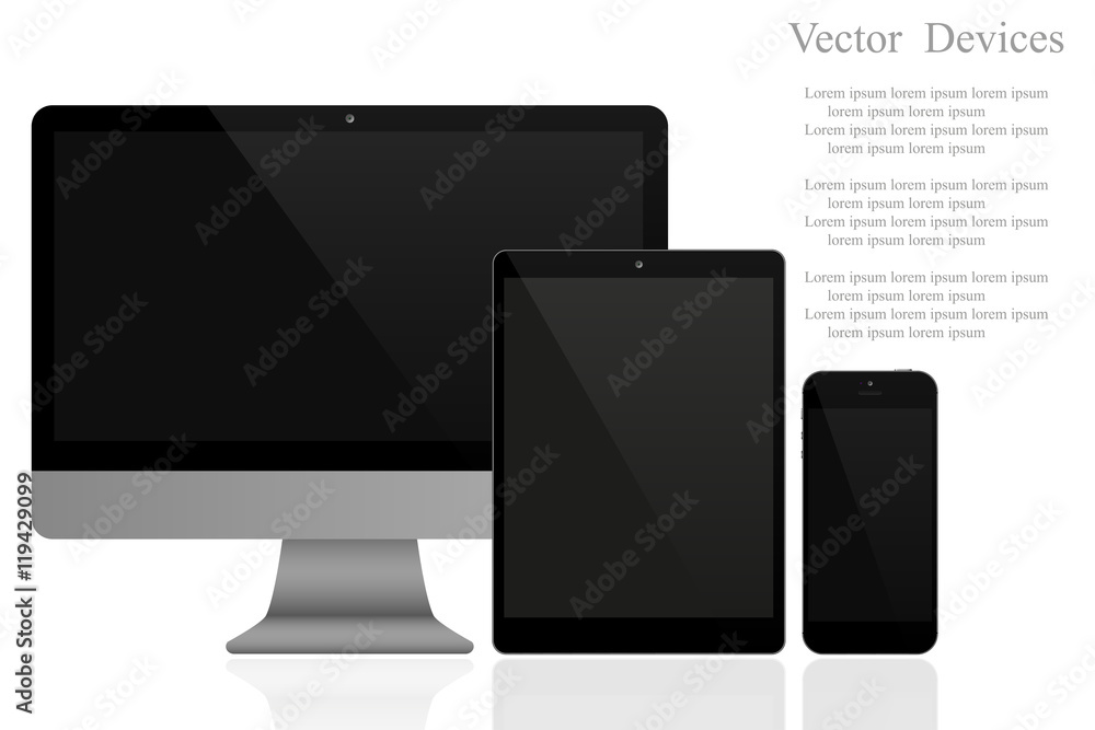 Wall mural set of realistic computer monitors, tablets and mobile phones. electronic gadgets on white backgroun
