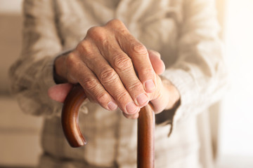 Old man hands on walking stick