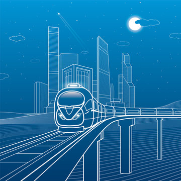 Train move on the bridge. Business center, architecture, transport and urban illustration, neon city, white lines composition, skyscrapers and towers, vector design art