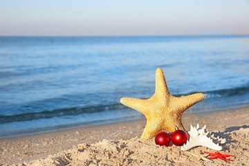 Fototapeta na wymiar Sea stars with toys on beach. Christmas holiday concept