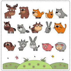 Fototapeta premium Vector set isolated cartoon animals. Collection cute animals in children's style. Funny forest and farm animals.