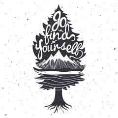  Black tree silhouette and mountains inside with quote - go find yourself