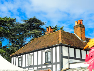 Historic house with a red roof tiles on a background of blue sky.