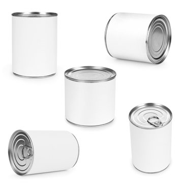 Metal can for preserved food on white background 