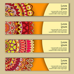 Banner card set with floral colorful decorative mandala elements background.