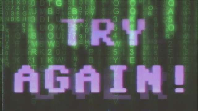 A videogame ending screen taped on VHS: Game over - Try again - Insert coin. 8-bit retro style. Mixed with code rain (random computer symbols falling down, a popular sci-fi movie effect).
