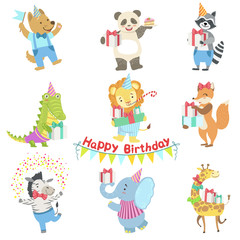 Humanized Animal Characters Attending Birthday Party Celebration Set
