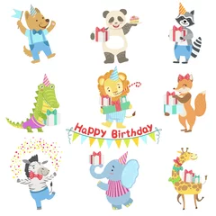 Deurstickers Robot Humanized Animal Characters Attending Birthday Party Celebration Set