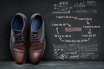 Success scheme text on black board and business shoes