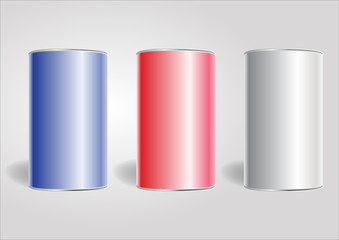 Blue, red and White Blank Tin can packaging. Vector Mock up design for gift box, tea, coffee, dry products.