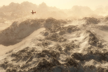 Naklejka na ściany i meble Red airplane over snow mountains in mist
