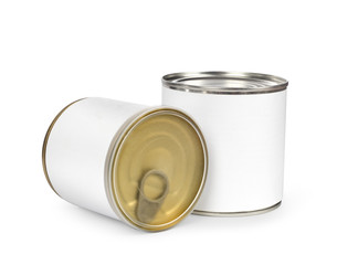 Metal can for preserved food on white background 