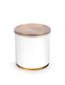 Metal can for preserved food on white background 