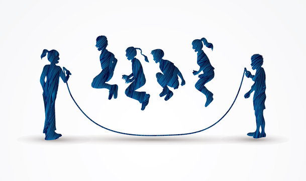 Children Jumping Rope designed using blue grunge brush graphic vector