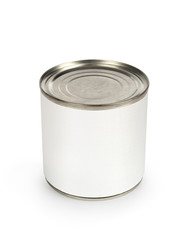 Metal can for preserved food on white background 