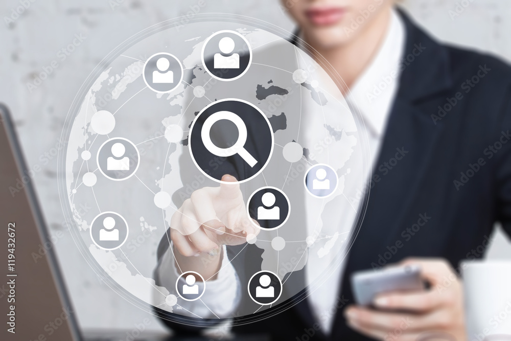 Poster business button search loupe magnifier communication web network