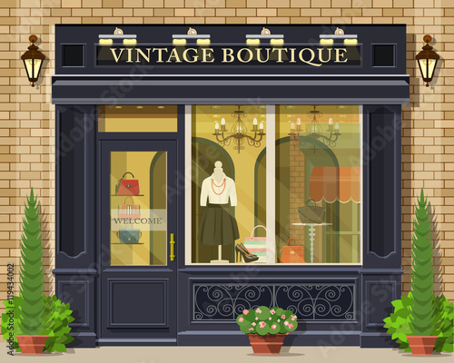 Vector Detailed Flat Design Vintage Boutique Facade Cool Graphic Fashion Shop Exterior Vector Detailed Flat Design Vintage Boutique Facade Cool Graphic Fashion Shop Exterior