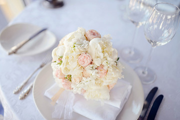 Beautiful wedding colorful bouquet for bride. Beauty of colored flowers. Close-up bunch of florets. Bridal accessories. Female decoration for girl. Details for marriage and for married couple