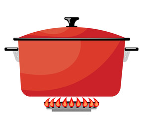 Cartoon red metal pan on a gas stove. Vector image kitchen pan i