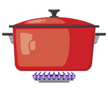 Cartoon red metal pan with the lid closed on a gas stove. Vector