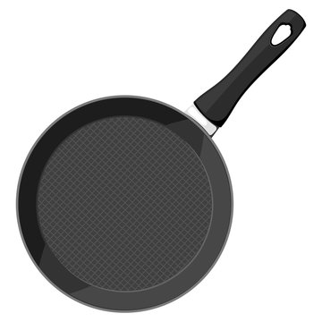 Vector image of a black cast iron pan with a handle on a white b
